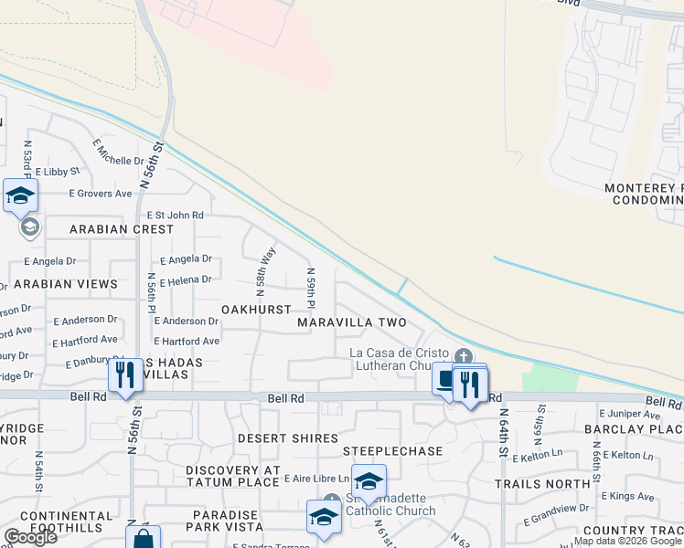 map of restaurants, bars, coffee shops, grocery stores, and more near 17432 North 60th Place in Scottsdale
