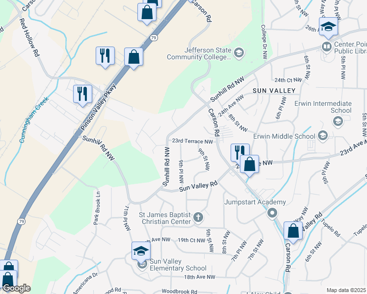 map of restaurants, bars, coffee shops, grocery stores, and more near 2345 9th Place Northwest in Center Point