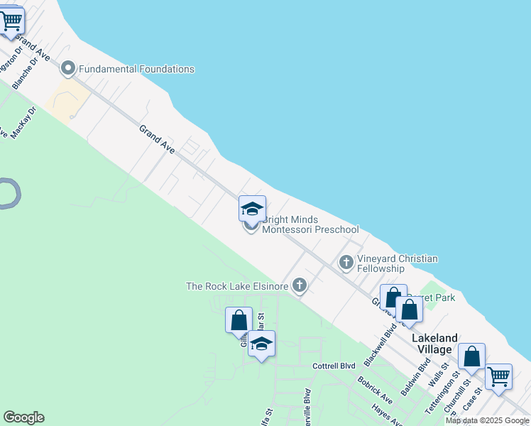map of restaurants, bars, coffee shops, grocery stores, and more near 17162 Grand Avenue in Lake Elsinore
