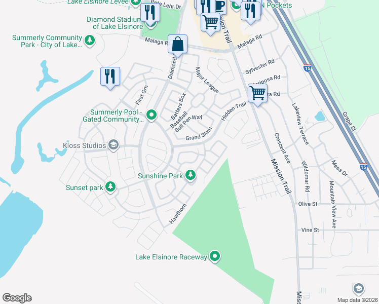 map of restaurants, bars, coffee shops, grocery stores, and more near 29312 Bent Grass in Wildomar