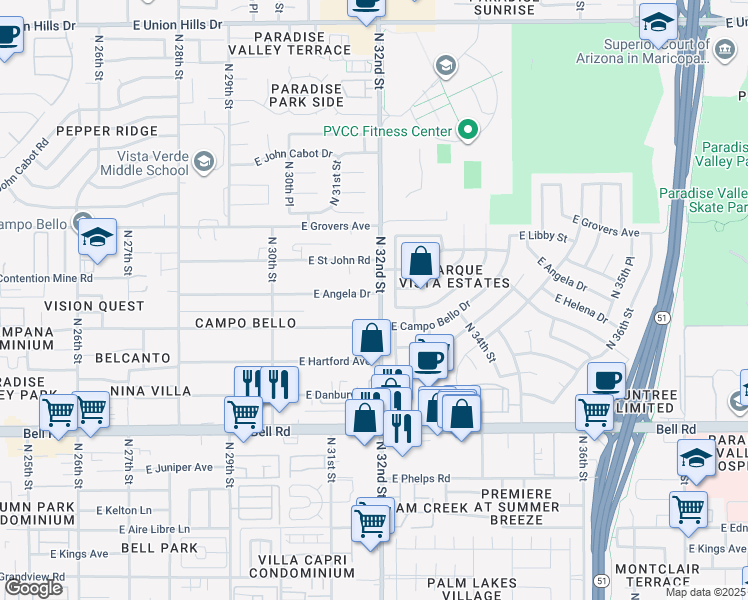 map of restaurants, bars, coffee shops, grocery stores, and more near 4 North 32nd Street in Phoenix
