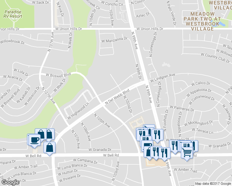 map of restaurants, bars, coffee shops, grocery stores, and more near 17676 North Del Webb Boulevard in Sun City