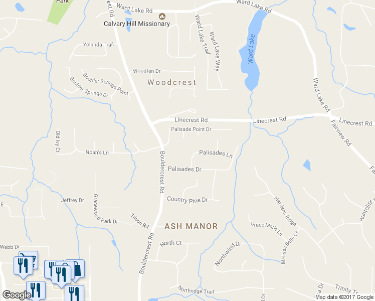 map of restaurants, bars, coffee shops, grocery stores, and more near 1206 Palisades Lane in Ellenwood
