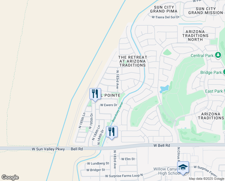 map of restaurants, bars, coffee shops, grocery stores, and more near 18330 West Westfall Way in Surprise