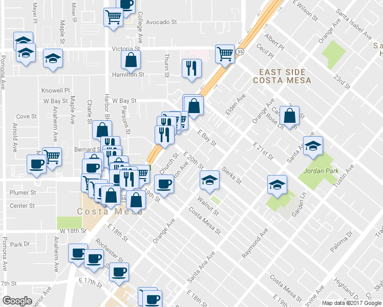 map of restaurants, bars, coffee shops, grocery stores, and more near 144 East 20th Street in Costa Mesa