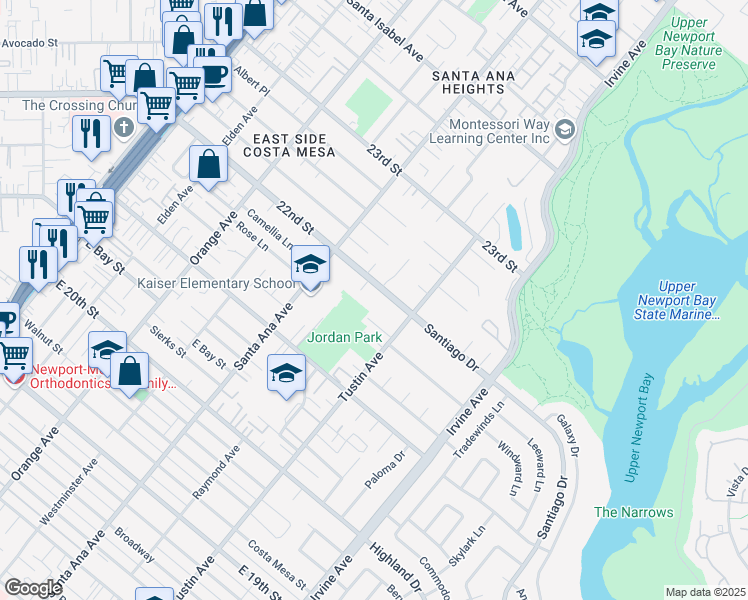 map of restaurants, bars, coffee shops, grocery stores, and more near 361 22nd Street in Costa Mesa