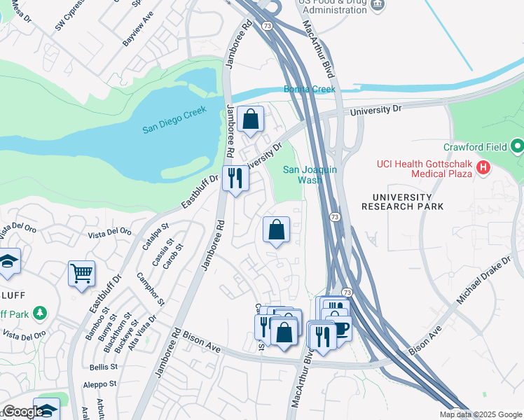 map of restaurants, bars, coffee shops, grocery stores, and more near 2136 Bastia in Newport Beach