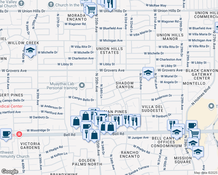map of restaurants, bars, coffee shops, grocery stores, and more near 3426 West Angela Drive in Phoenix