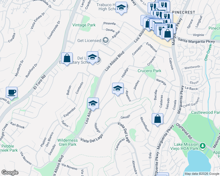 map of restaurants, bars, coffee shops, grocery stores, and more near in Mission Viejo