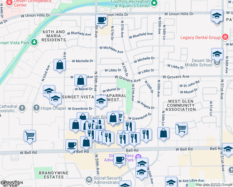 map of restaurants, bars, coffee shops, grocery stores, and more near 5736 West Angela Drive in Glendale
