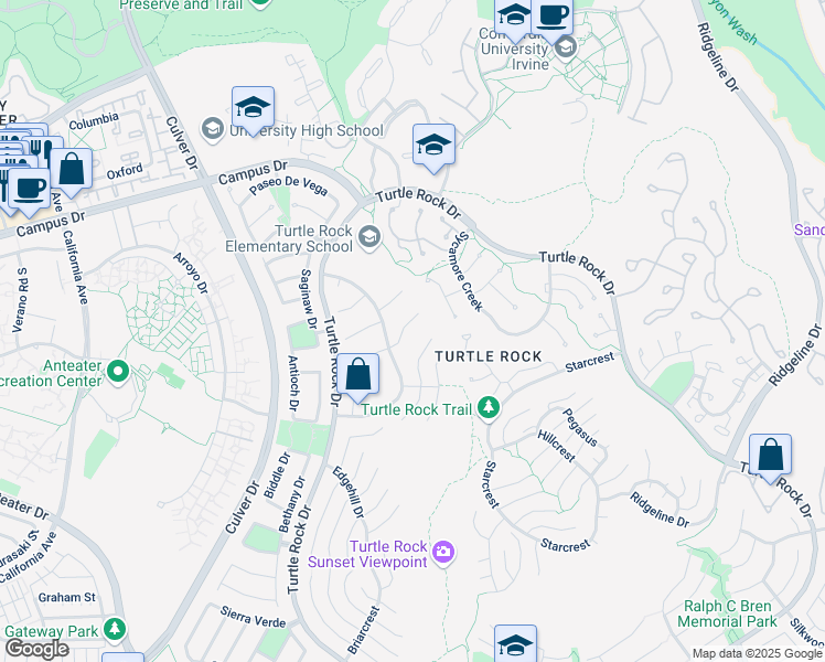 map of restaurants, bars, coffee shops, grocery stores, and more near 18712 Via Palatino in Irvine