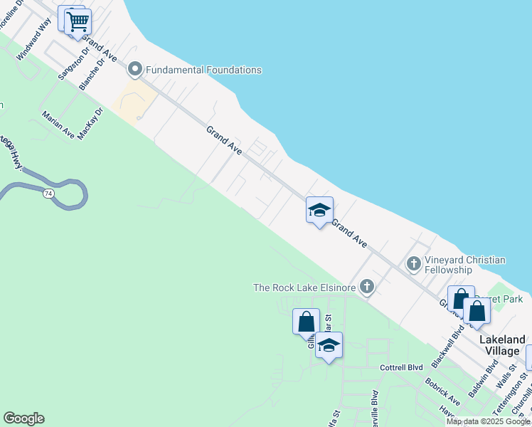map of restaurants, bars, coffee shops, grocery stores, and more near 33115 Evergreen Street in Lake Elsinore