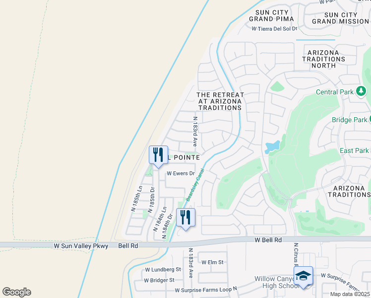 map of restaurants, bars, coffee shops, grocery stores, and more near 18346 West Westfall Way in Surprise