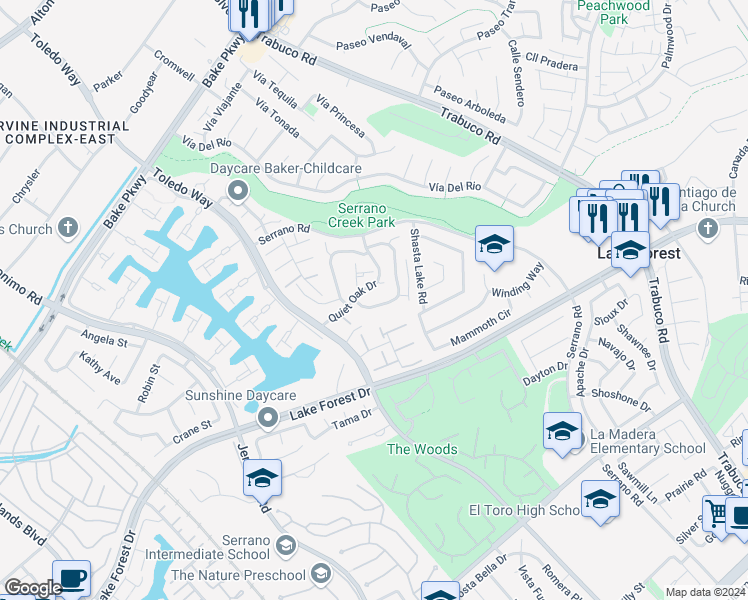 map of restaurants, bars, coffee shops, grocery stores, and more near 24851 Oak Creek Lane in Lake Forest