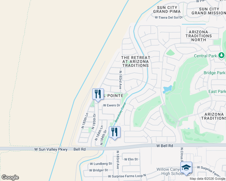 map of restaurants, bars, coffee shops, grocery stores, and more near 18362 West Westfall Way in Surprise