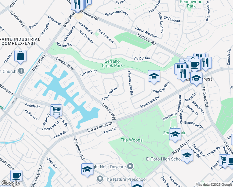 map of restaurants, bars, coffee shops, grocery stores, and more near 24851 Oak Creek Lane in Lake Forest