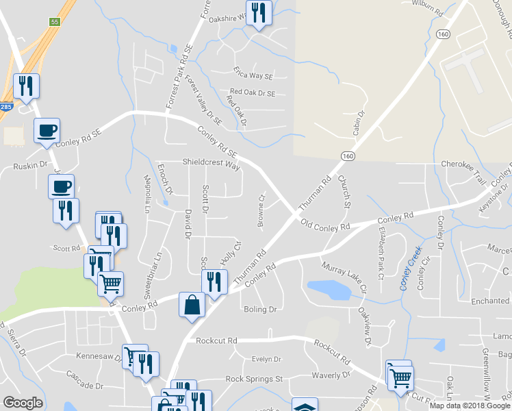 map of restaurants, bars, coffee shops, grocery stores, and more near 4035 Browne Court in Conley