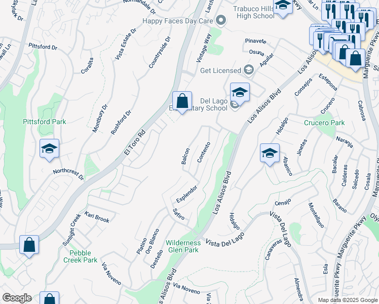 map of restaurants, bars, coffee shops, grocery stores, and more near 21892 Balcon in Mission Viejo