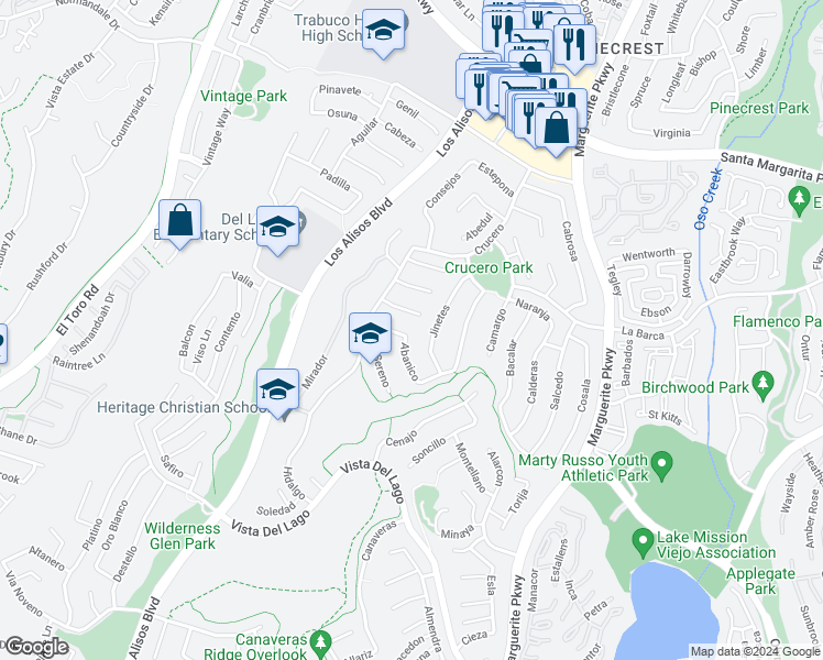 map of restaurants, bars, coffee shops, grocery stores, and more near 27471 Abanico in Mission Viejo