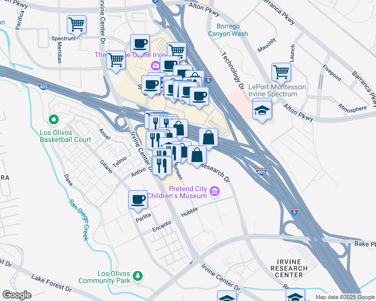 map of restaurants, bars, coffee shops, grocery stores, and more near 8669 Research Drive in Irvine