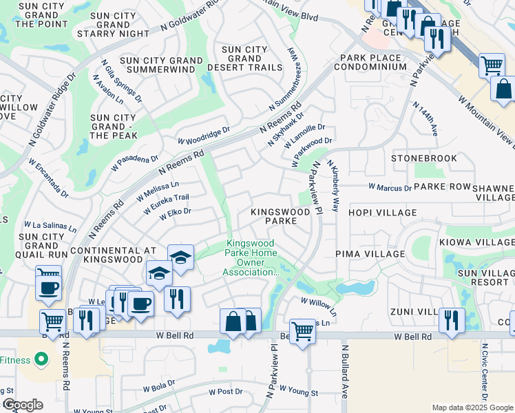 map of restaurants, bars, coffee shops, grocery stores, and more near 14932 West Honeysuckle Lane in Surprise