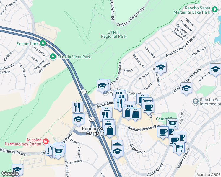 map of restaurants, bars, coffee shops, grocery stores, and more near 130 Morning Glory in Rancho Santa Margarita
