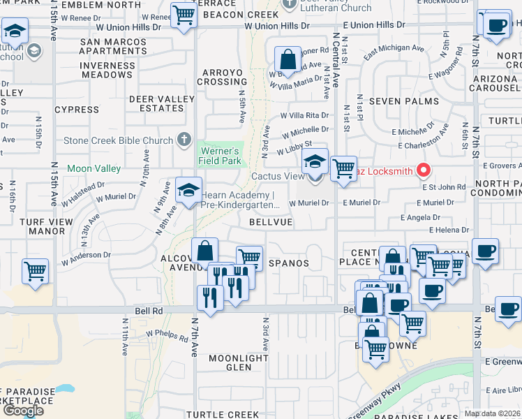 map of restaurants, bars, coffee shops, grocery stores, and more near 240 West Angela Drive in Phoenix