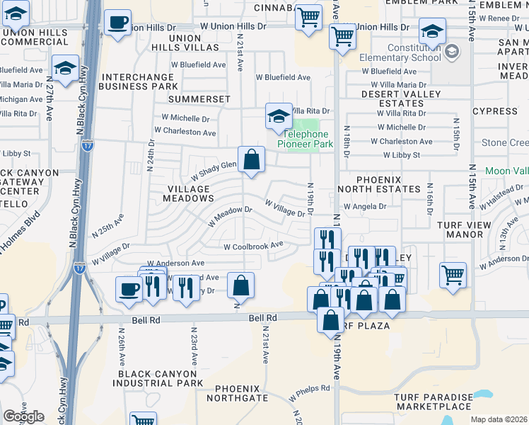 map of restaurants, bars, coffee shops, grocery stores, and more near 2023 West Meadow Drive in Phoenix