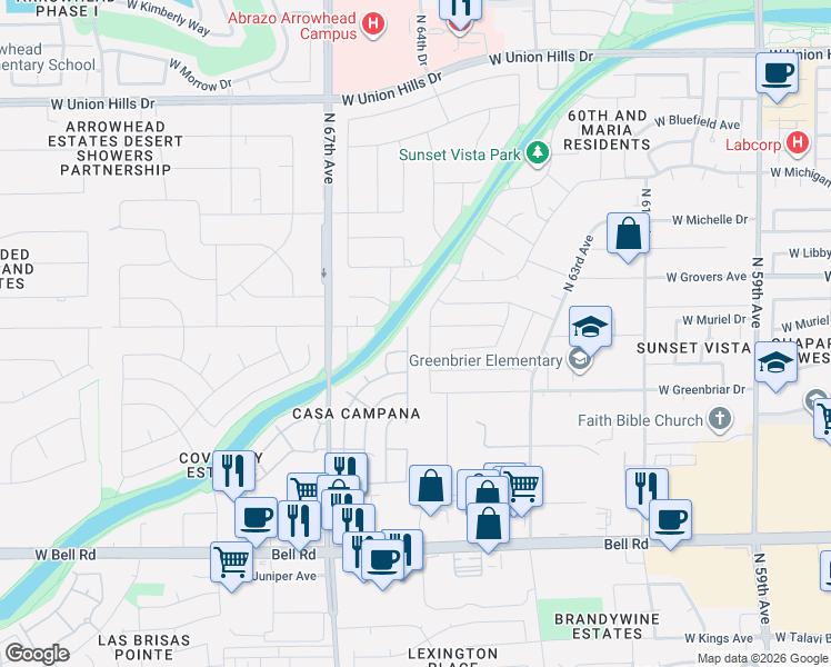 map of restaurants, bars, coffee shops, grocery stores, and more near 17400 North 66th Lane in Glendale