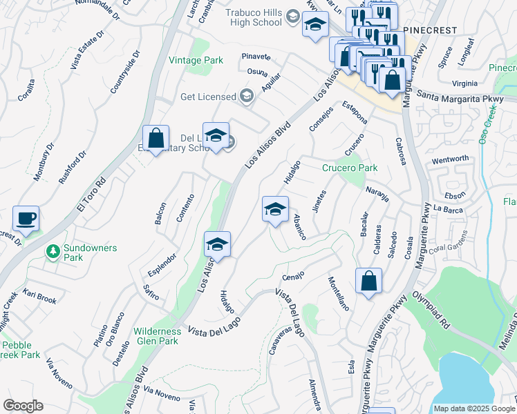 map of restaurants, bars, coffee shops, grocery stores, and more near 21902 Mirador in Mission Viejo
