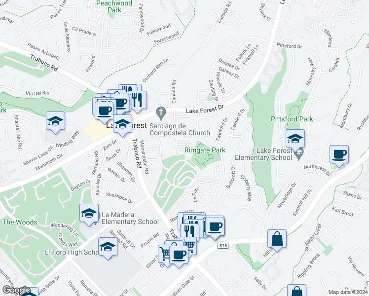 map of restaurants, bars, coffee shops, grocery stores, and more near 25652 Rimgate Drive in Lake Forest