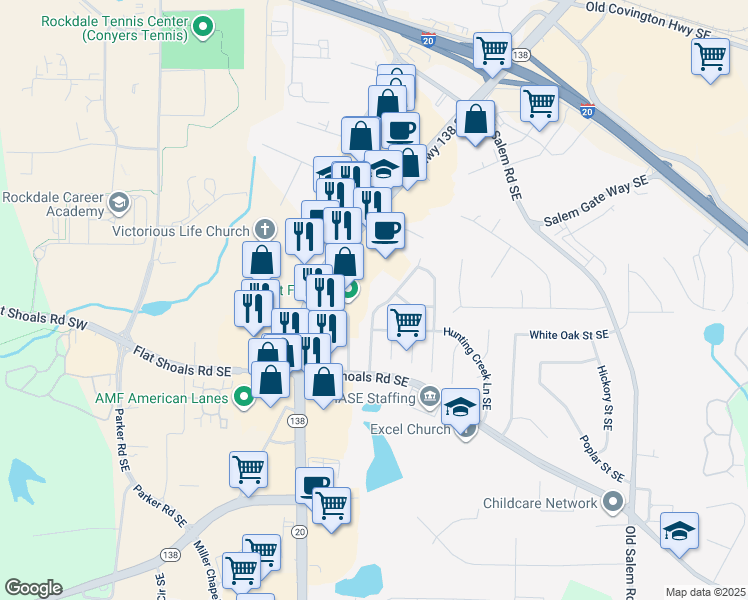 map of restaurants, bars, coffee shops, grocery stores, and more near 1712 Hunting Creek Drive Southeast in Conyers