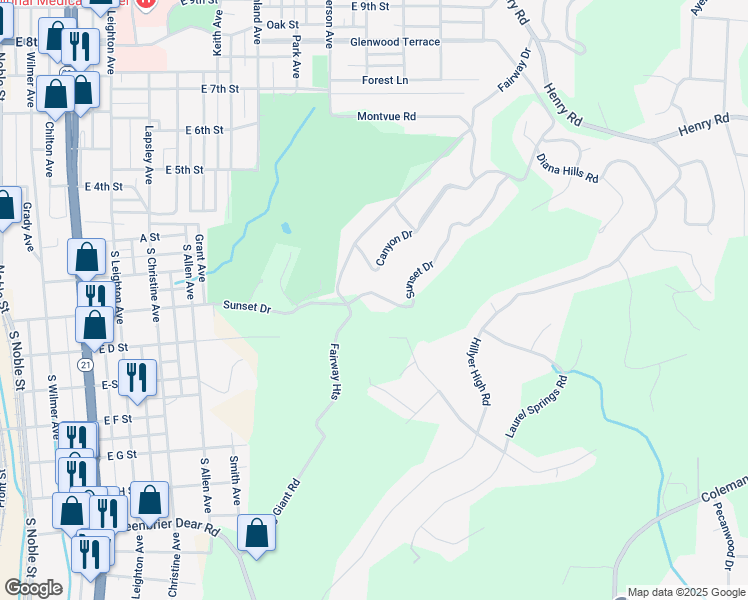 map of restaurants, bars, coffee shops, grocery stores, and more near 79 Sunset Drive in Anniston