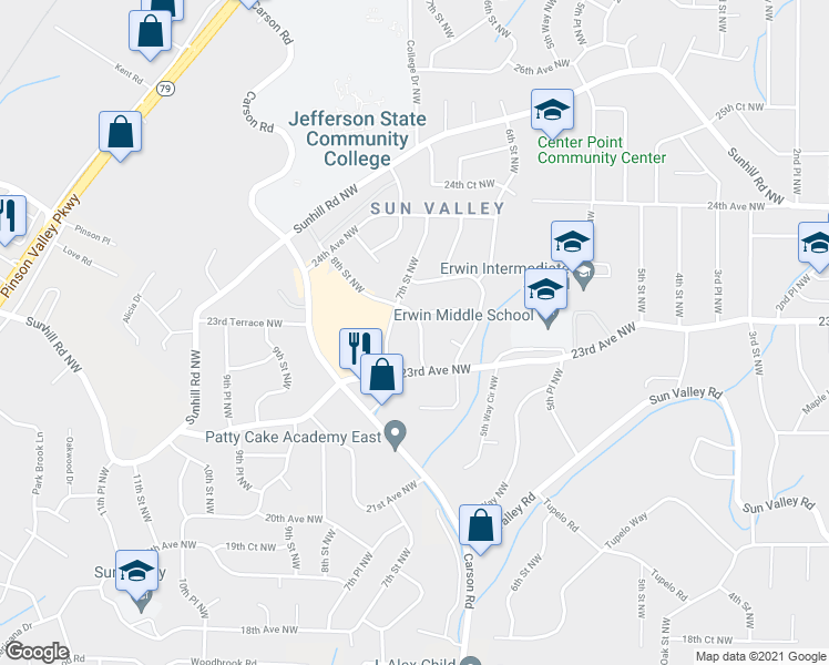 map of restaurants, bars, coffee shops, grocery stores, and more near 2309 6th Place Northwest in Center Point