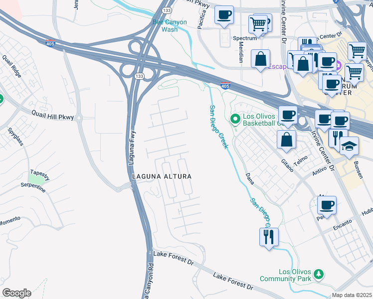 map of restaurants, bars, coffee shops, grocery stores, and more near 98 Cipresso in Irvine