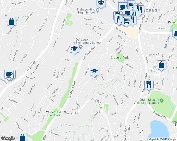 map of restaurants, bars, coffee shops, grocery stores, and more near 21756 Mirador in Mission Viejo