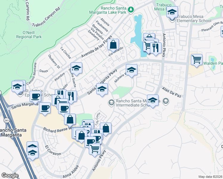 map of restaurants, bars, coffee shops, grocery stores, and more near 2 Temecula Court in Rancho Santa Margarita
