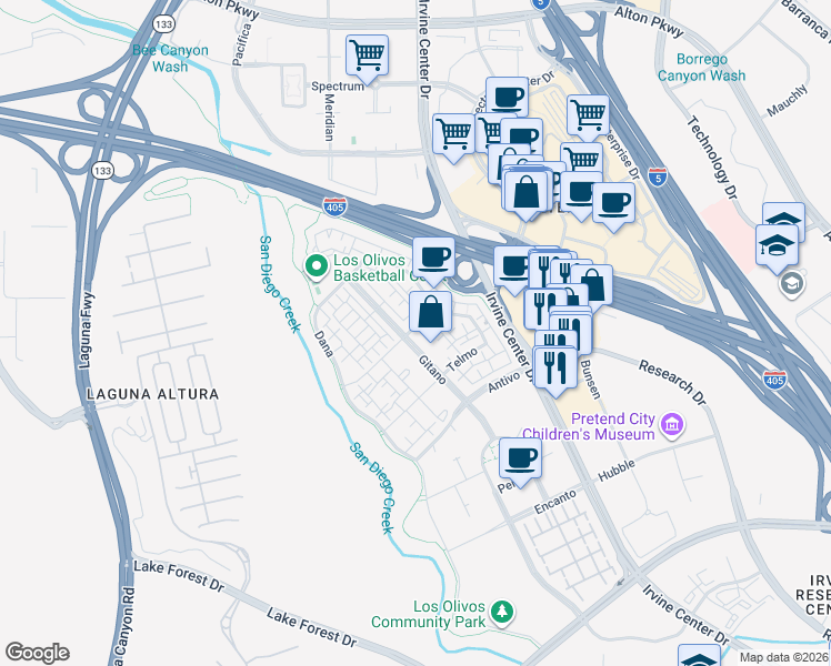 map of restaurants, bars, coffee shops, grocery stores, and more near 310 Gitano in Irvine