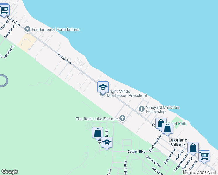map of restaurants, bars, coffee shops, grocery stores, and more near 17162 Grand Avenue in Lake Elsinore