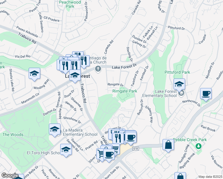 map of restaurants, bars, coffee shops, grocery stores, and more near 25652 Rimgate Drive in Lake Forest