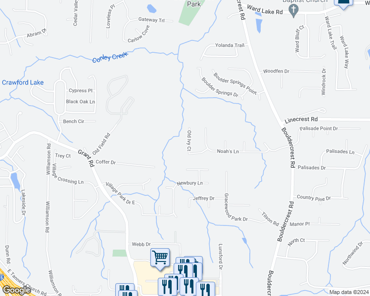 map of restaurants, bars, coffee shops, grocery stores, and more near 3971 Old Ivy Court in Ellenwood