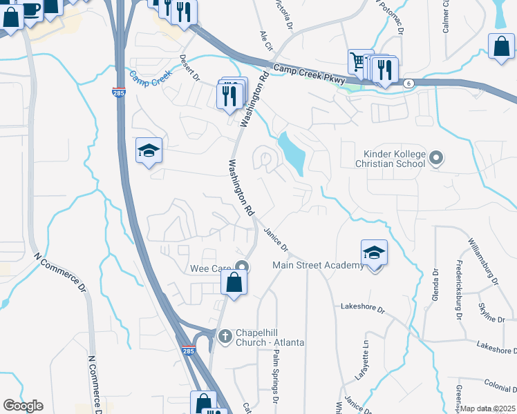 map of restaurants, bars, coffee shops, grocery stores, and more near 4050 Washington Road in East Point