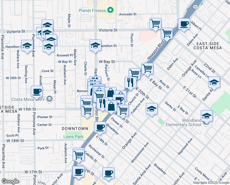 map of restaurants, bars, coffee shops, grocery stores, and more near 406 Bernard Street in Costa Mesa