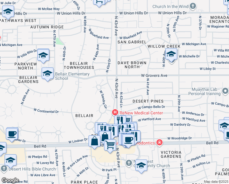 map of restaurants, bars, coffee shops, grocery stores, and more near 17601 North Lindner Drive in Glendale