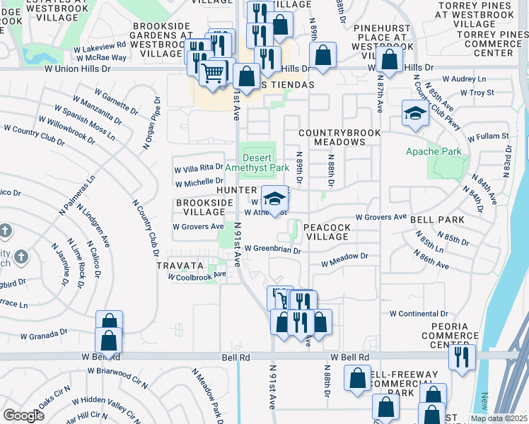 map of restaurants, bars, coffee shops, grocery stores, and more near 9010 West Athens Street in Peoria