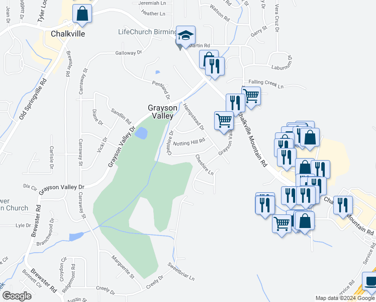 map of restaurants, bars, coffee shops, grocery stores, and more near 2183 Cheshire Drive in Birmingham
