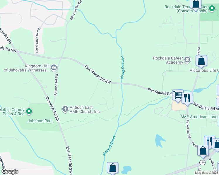 map of restaurants, bars, coffee shops, grocery stores, and more near 1677 Almand Creek Drive Southwest in Conyers