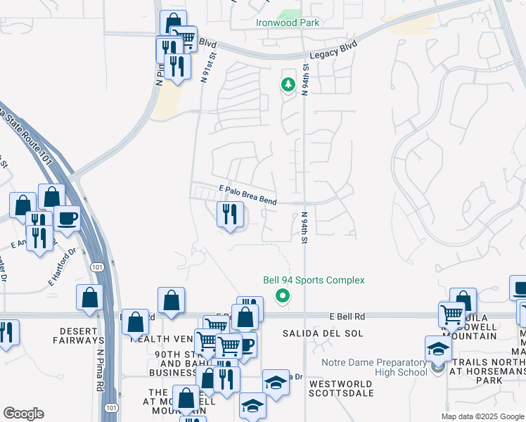 map of restaurants, bars, coffee shops, grocery stores, and more near 9393 East Palo Brea Bend in Scottsdale