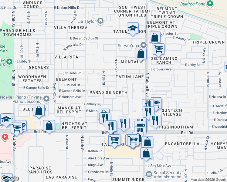 map of restaurants, bars, coffee shops, grocery stores, and more near 4525 East Campo Bello Drive in Phoenix