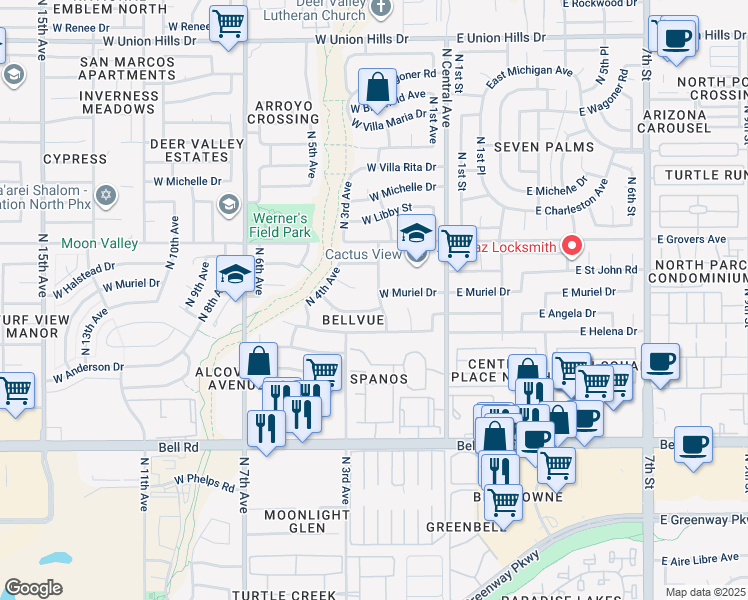 map of restaurants, bars, coffee shops, grocery stores, and more near 17424 North 2nd Avenue in Phoenix
